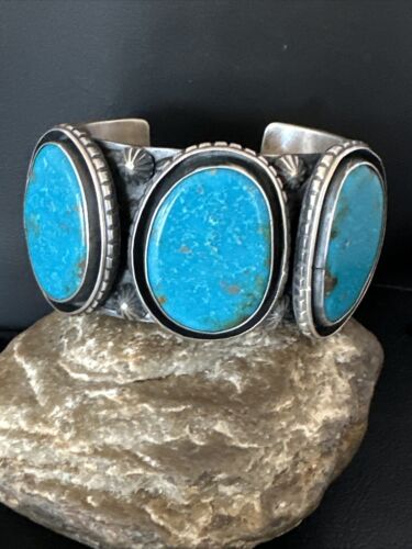 XL Men's Kingman Turquoise 3 Stone Cuff Bracelet | Navajo Sterling Silver | Authentic Native American Handmade | 15851