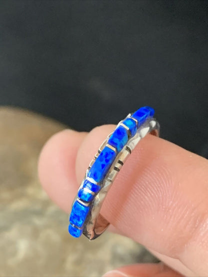 Native American Navajo Blue Opal Inlay Ring | Sterling Silver | Sz 7.5 | Handmade by Yazzie | 10621