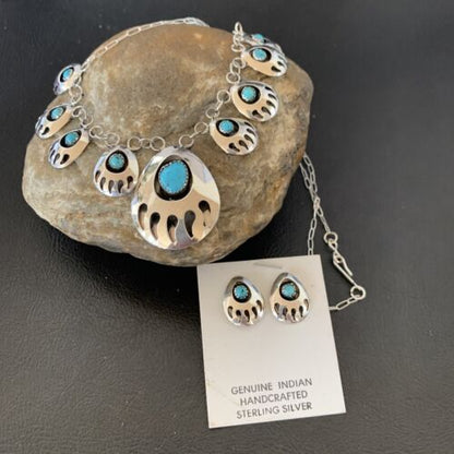 Navajo Blue Turquoise Bear Paw Shadow Box Necklace & Earring Set | Sterling Silver | Authentic Native American Handmade | 17466