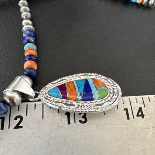 Navajo Spiny Oyster Turquoise Lapis Inlay Pendant Necklace | Sterling Silver | 21" | Authentic Native American Handmade | 16629