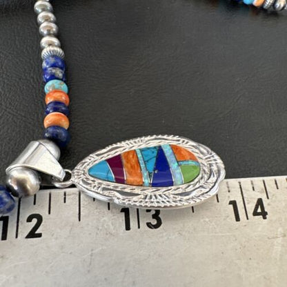 Navajo Spiny Oyster Turquoise Lapis Inlay Pendant Necklace | Sterling Silver | 21" | Authentic Native American Handmade | 16629