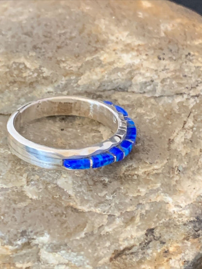 Native American Navajo Blue Opal Inlay Ring | Sterling Silver | Sz 7.5 | Handmade by Yazzie | 10621