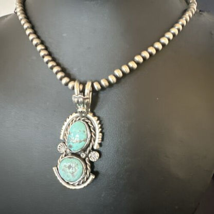 Navajo Blue Kingman Turquoise 2 Stone Cluster Pendant | Sterling Silver | Authentic Native American Handmade | 17634