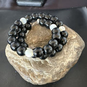 Memory Wire Stainless Steel Bracelet | Black Onyx & Mother of Pearl Beads | 17619