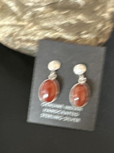 Navajo Burgundy Carnelian Dangle Earrings | Sterling Silver | Authentic Native American Handmade | 14924