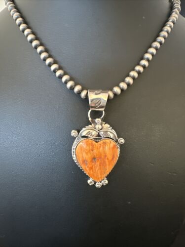 Navajo Orange Spiny Oyster Heart Pendant Necklace | Sterling Silver | Authentic Native American Handmade | 16415