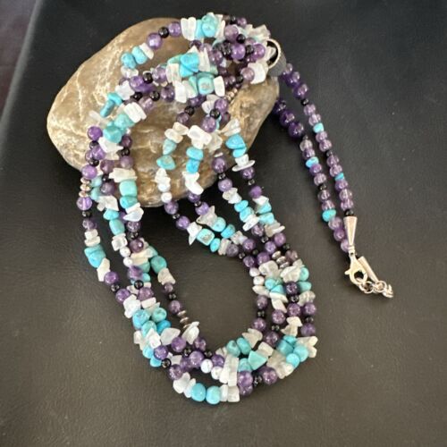 Purple Amethyst Blue Turquoise Necklace | Sterling Silver | Authentic Native American Handmade | 17506