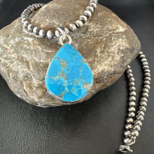 Navajo Blue Kingman Turquoise Pendant Necklace | Sterling Silver | 20" | Authentic Native American Handmade | 17012