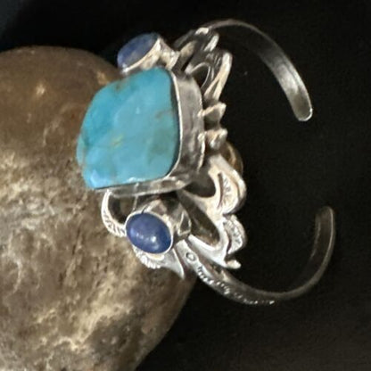 Kingman Turquoise Lapis Cuff Bracelet | Navajo Sterling Silver Tufa Cast | Authentic Native American Handmade | 16781