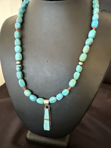 Navajo Blue Turquoise Inlay Pendant Necklace | Sterling Silver | 19" | Authentic Native American Handmade | 17491