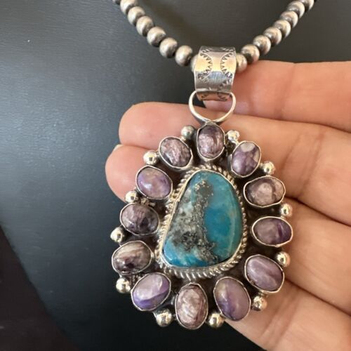 Purple Charoite Turquoise Pendant | Navajo Pearls | Sterling Silver Necklace 21" | Multi-Stone 17190