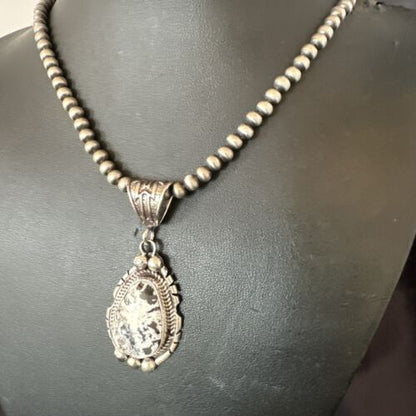 Navajo White Buffalo Turquoise Pendant Necklace | Sterling Silver | Authentic Native American Handmade | 17516