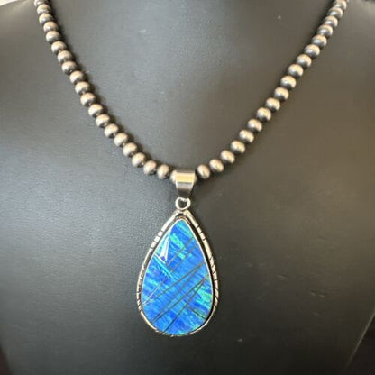 Men's and Women's Blue Fire Opal Inlay Pendant | Navajo Sterling Silver | Authentic Native American Handmade | 16481