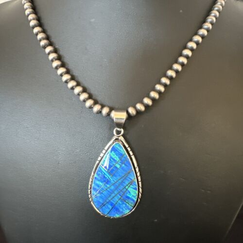 Men's and Women's Blue Fire Opal Inlay Pendant | Navajo Sterling Silver | Authentic Native American Handmade | 16481