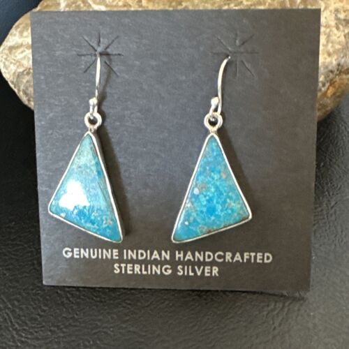 Navajo Blue Turquoise Dangle Earrings | Sterling Silver | 1" | Authentic Native American Handmade | 15801