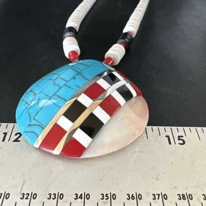Navajo Shell Turquoise Coral Necklace | Sterling Silver | Stabilized | Inlay | 22" | Authentic Native American Handmade | 15323