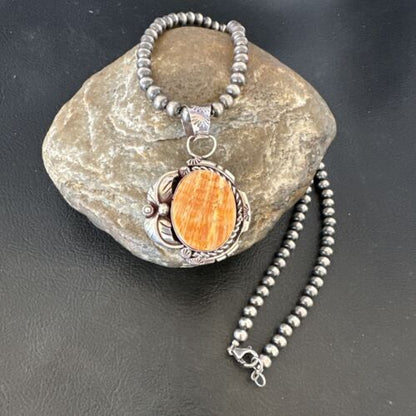 Navajo Orange Spiny Oyster Pendant Necklace | Sterling Silver Pearls | Authentic Native American Handmade | 16559