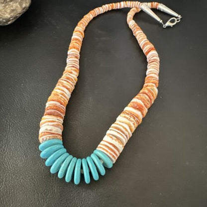 Navajo Sterling Silver Blue Turquoise & Spiny Oyster Graduated Necklace | Authentic Native American | 20" | 16903