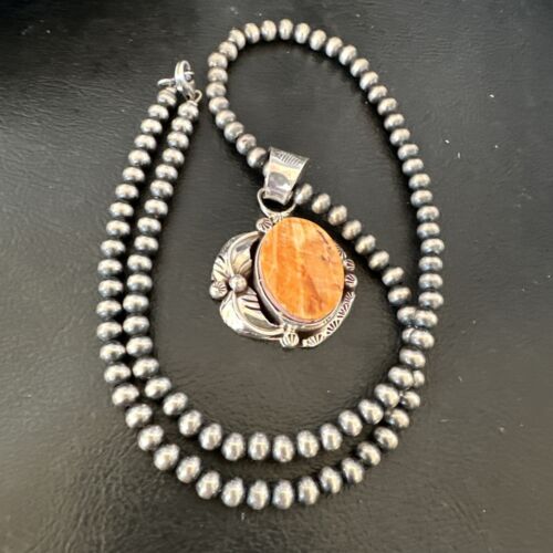 Women's Orange Spiny Oyster Pendant | Navajo Pearls Sterling Silver Necklace 21" | 16555