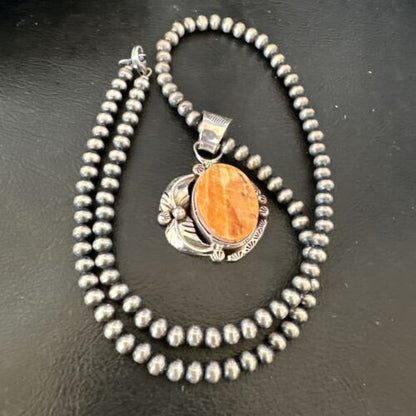 Women's Orange Spiny Oyster Pendant | Navajo Pearls Sterling Silver Necklace 21" | 16555