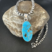 Navajo Blue Kingman Turquoise Pendant with Pearls | Sterling Silver Necklace | 20" | 16994