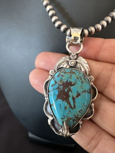 Navajo Blue Turquoise Pendant Necklace | Sterling Silver Pearls | Authentic Native American Handmade | 15640