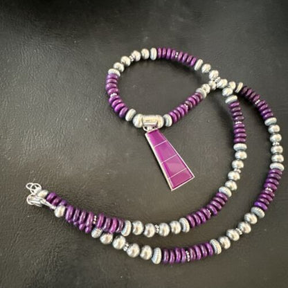 Navajo Purple Sugilite Inlay Pendant Necklace | Sterling Silver | Authentic Native American Handmade | 16763 - Masha USA