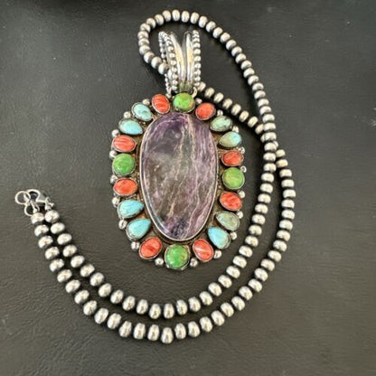 Navajo Purple Charoite Spiny Turquoise Pendant Necklace | Sterling Silver | Multi-Stone | 17146