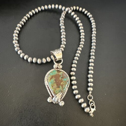 Navajo Blue Turquoise Pendant Necklace | Sterling Silver Pearls | Authentic Native American Handmade | 15654