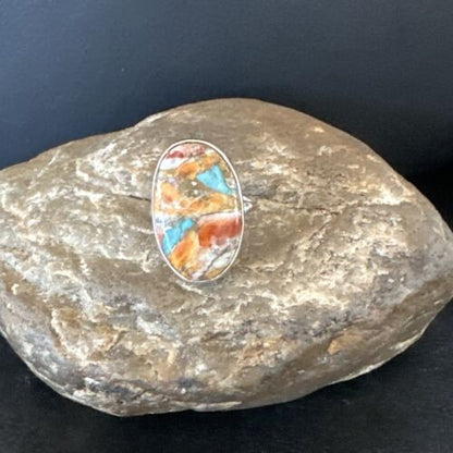 Navajo Turquoise Spiny Oyster Ring | Sterling Silver | Sz 8 | Authentic Native American Handmade | 16613