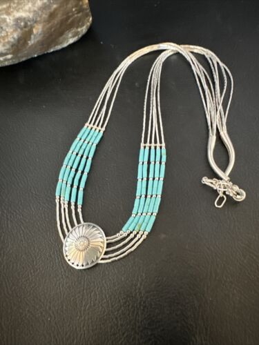 Navajo Blue Turquoise Heishi Concha Necklace | 5 Strand Liquid Sterling Silver | 20" | 15876