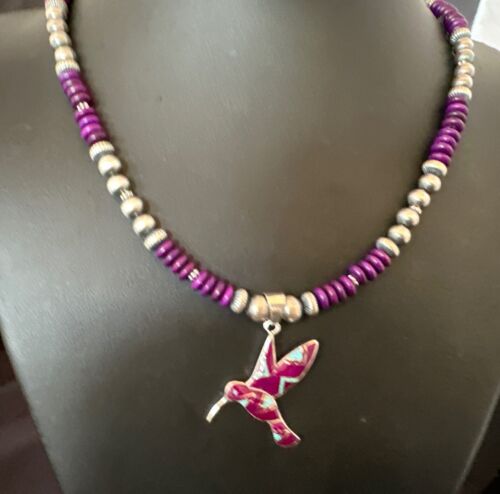 Navajo Hummingbird Purple Sugilite Inlay Pendant Necklace | Sterling Silver Inlay | Authentic Native American Handmade | 16762