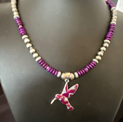 Navajo Hummingbird Purple Sugilite Inlay Pendant Necklace | Sterling Silver Inlay | Authentic Native American Handmade | 16762