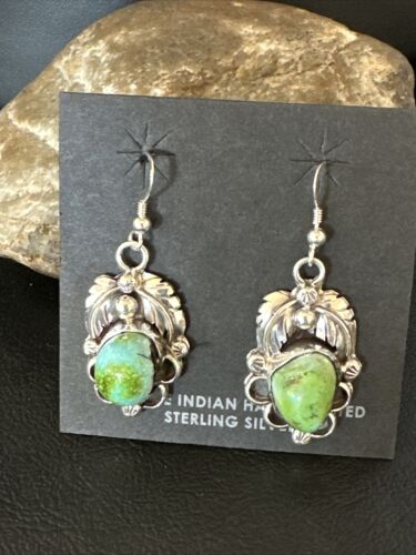 Navajo Green Sonoran Gold Turquoise Dangle Earrings | Sterling Silver | Authentic Native American Handmade | 14915