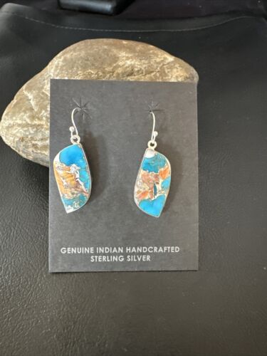 Navajo Blue Turquoise & Orange Spiny Oyster Inlay Dangle Earrings | Sterling Silver | 15585
