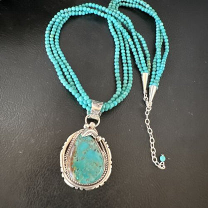Navajo Blue Turquoise Pendant | Sterling Silver 3-Strand Bead Necklace | 17" | Authentic Native American Handmade | 15997