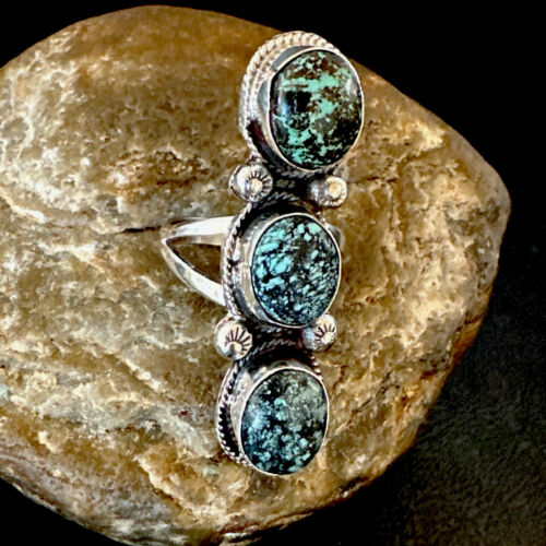 Navajo Blue Spiderweb Turquoise Multi-Stone Ring | Authentic Native American Sterling Silver | Sz 10 | 16712