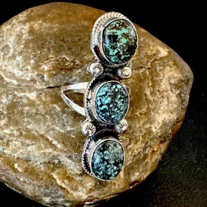 Navajo Blue Spiderweb Turquoise Multi-Stone Ring | Authentic Native American Sterling Silver | Sz 10 | 16712