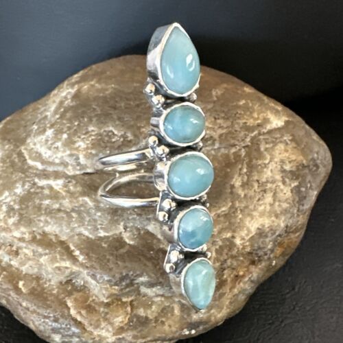 Navajo Blue Larimar Cluster Ring | Authentic Native American Sterling Silver | Multi-Stone | Sz 8.5 | 15936