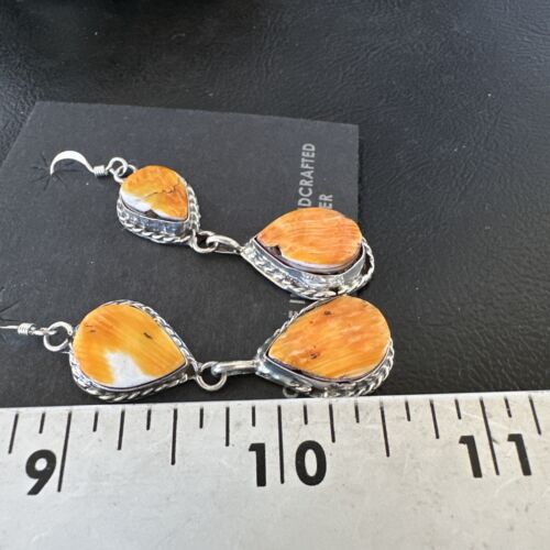 Navajo Orange Spiny Oyster Dangle Earrings | Sterling Silver | 1.5" | Authentic Native American Handmade | 16562