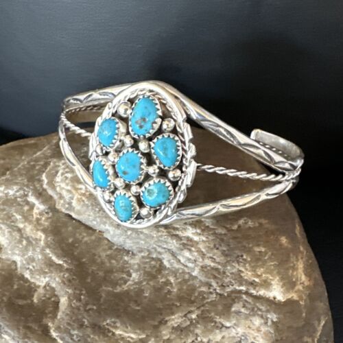 Navajo Blue Turquoise Cluster Bracelet | Sterling Silver | Authentic Native American Handmade | 15069