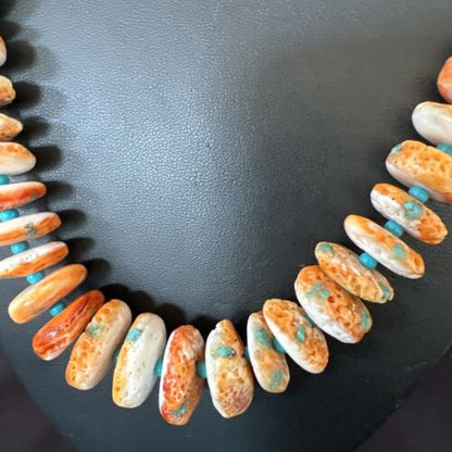 Navajo Blue Turquoise & Spiny Oyster Graduated Necklace | Sterling Silver | Authentic Native American | 24" | 16263 - Masha USA