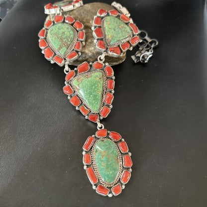 Navajo Green Turquoise and Coral Lariat Necklace Pendant | 23" | Authentic Native American Handmade | 16191