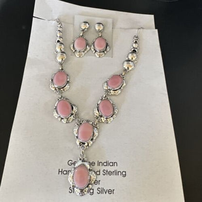 Navajo Pink Conch Choker Necklace | Sterling Silver Pendant 18" | Earrings Set | Authentic Native American Handmade