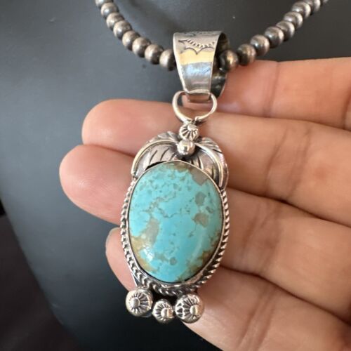 Navajo Blue Turquoise #8 Pendant | Sterling Silver Necklace with Pearls | Authentic Native American Handmade | 15444