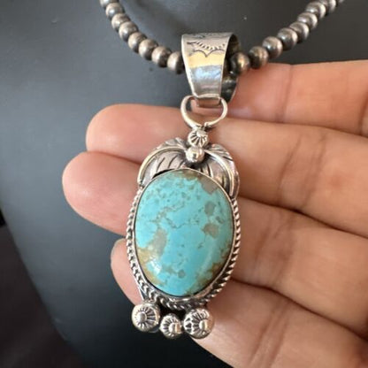 Navajo Blue Turquoise #8 Pendant | Sterling Silver Necklace with Pearls | Authentic Native American Handmade | 15444