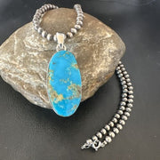Navajo Blue Kingman Turquoise Pendant Necklace | Sterling Silver Pearls | 20" | 16685