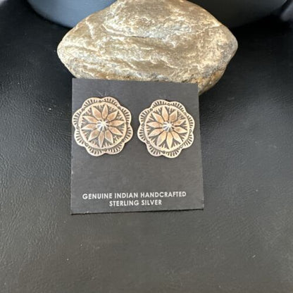 Navajo Sterling Silver Stamped Round Earrings | Authentic Native American Handmade | 15937