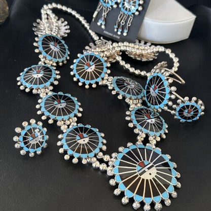 Zuni Ultra Rare Sunface Onyx Turquoise Inlay Squash Blossom Necklace Bracelet | Sterling Silver | 16679