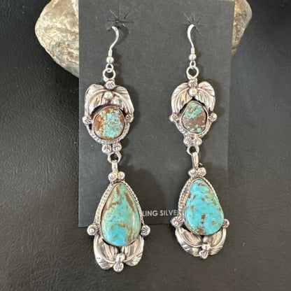 Navajo Blue Turquoise #8 Dangle Earrings | Sterling Silver | Authentic Native American Handmade | 16909